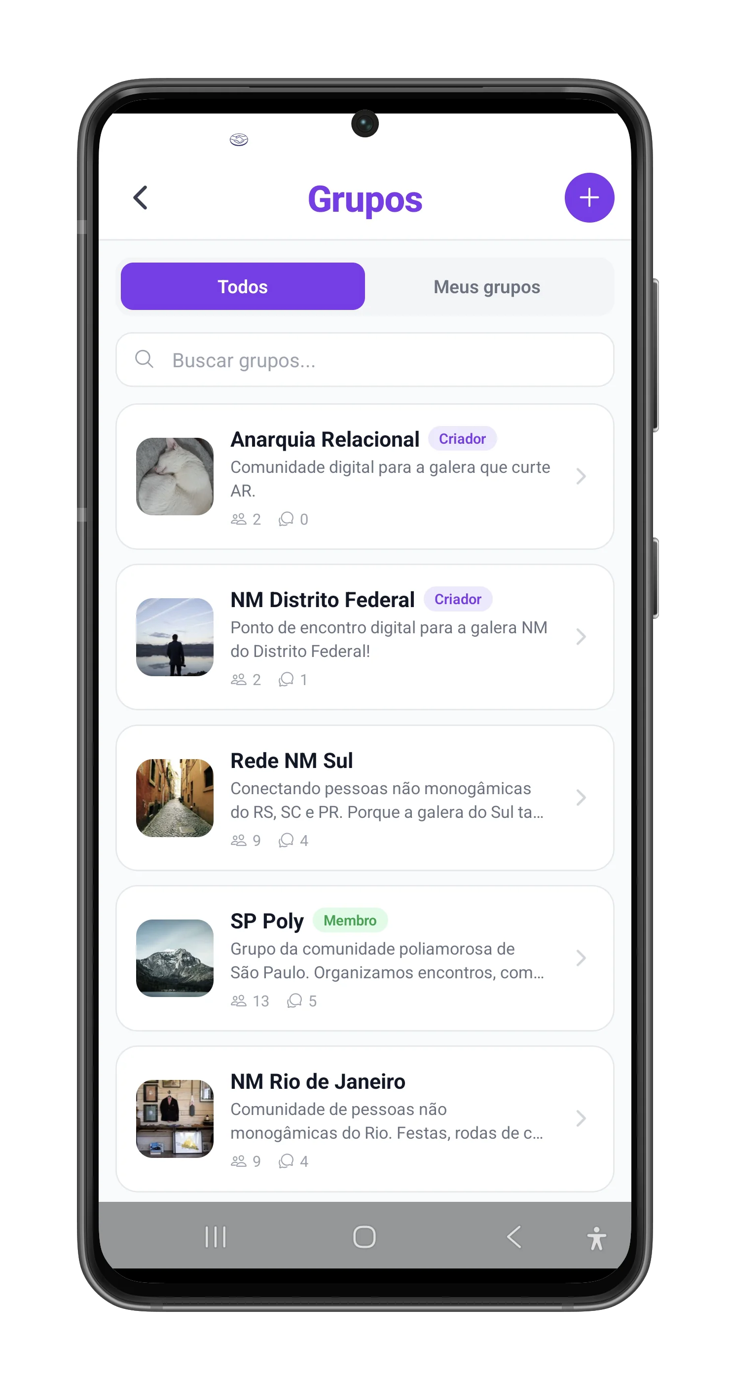 Tela de Grupos do app Aldeia NM